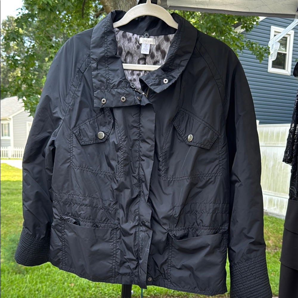 Chico's Black Utility Jacket with Ruffled Front